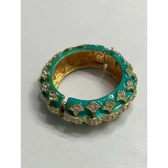 Rare ViTG 1960's Era Kenneth Jay Lane Turquoise Crystals Gold Tone Hinged Bangle - Picture 6 of 11